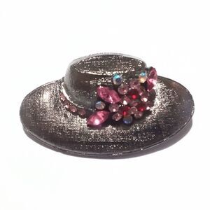 Vintage Black Ladies Hat Brooch with Pink Rhinestone Accents